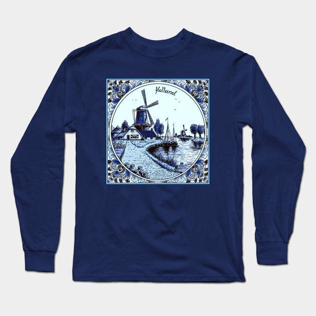 Dutch Blue Delft Sailboats and Windmills Print Long Sleeve T-Shirt by posterbobs